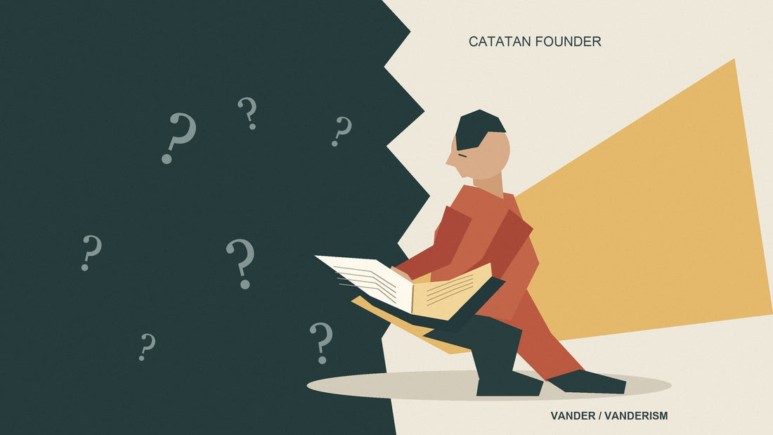 Ilustrasi pembaca dengan buku terbuka di antara tanda tanya gelap dan cahaya: membaca sebelum bereaksi. Catatan Founder Vander.