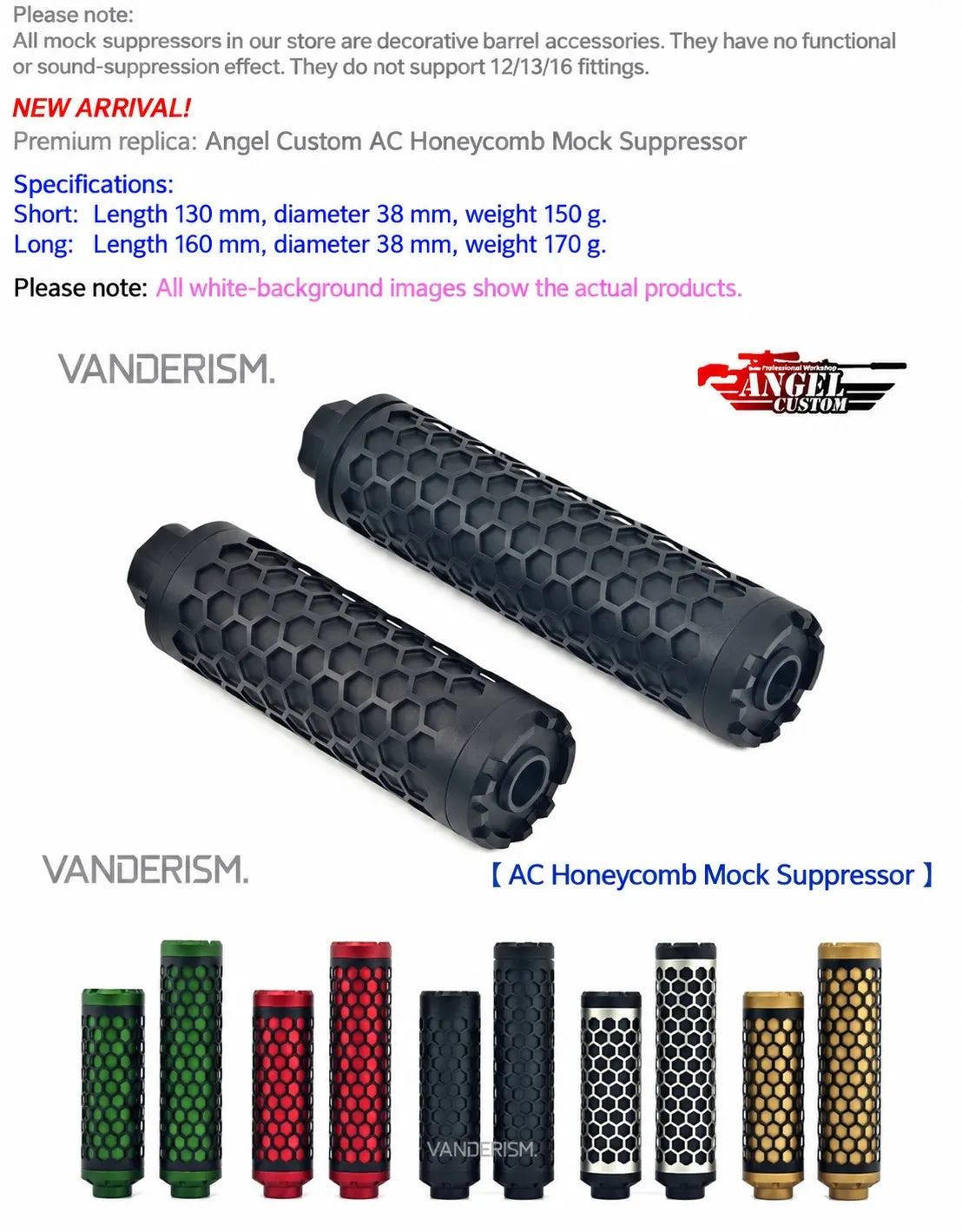 Angel Custom Honeycomb Mock Suppressor 14mm CCW | Gel Blaster WGG WGB Airsoft (Pre-Order 50 Hari)