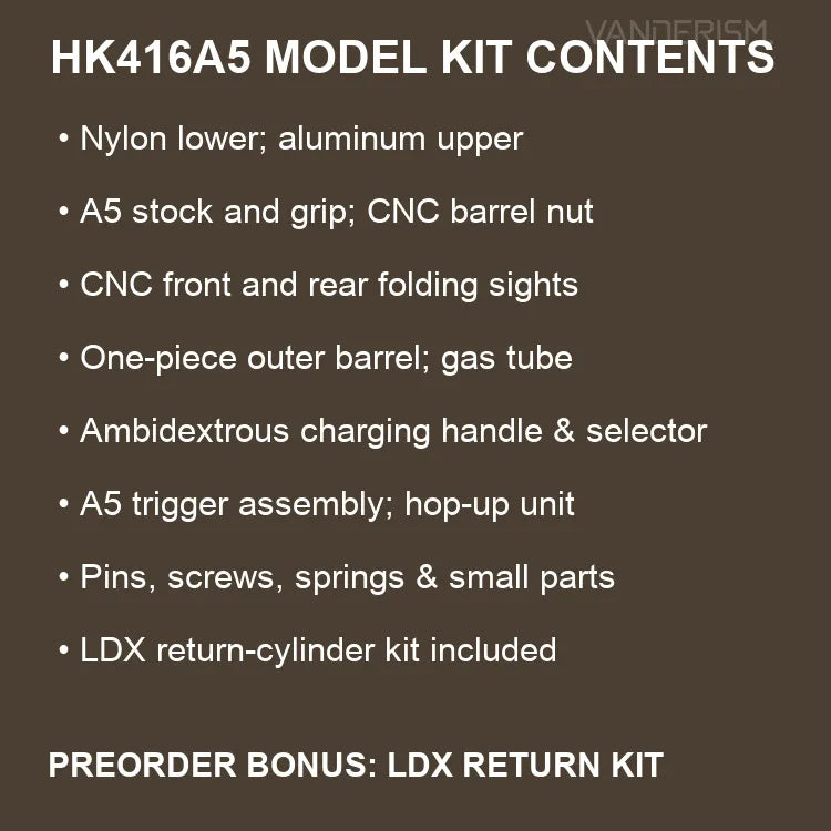 LDT HK416A5 All-Aluminum Toy Model Kit, One-Piece Outer Barrel, Includes Blowback Kit (Pre-Order 50 Hari)