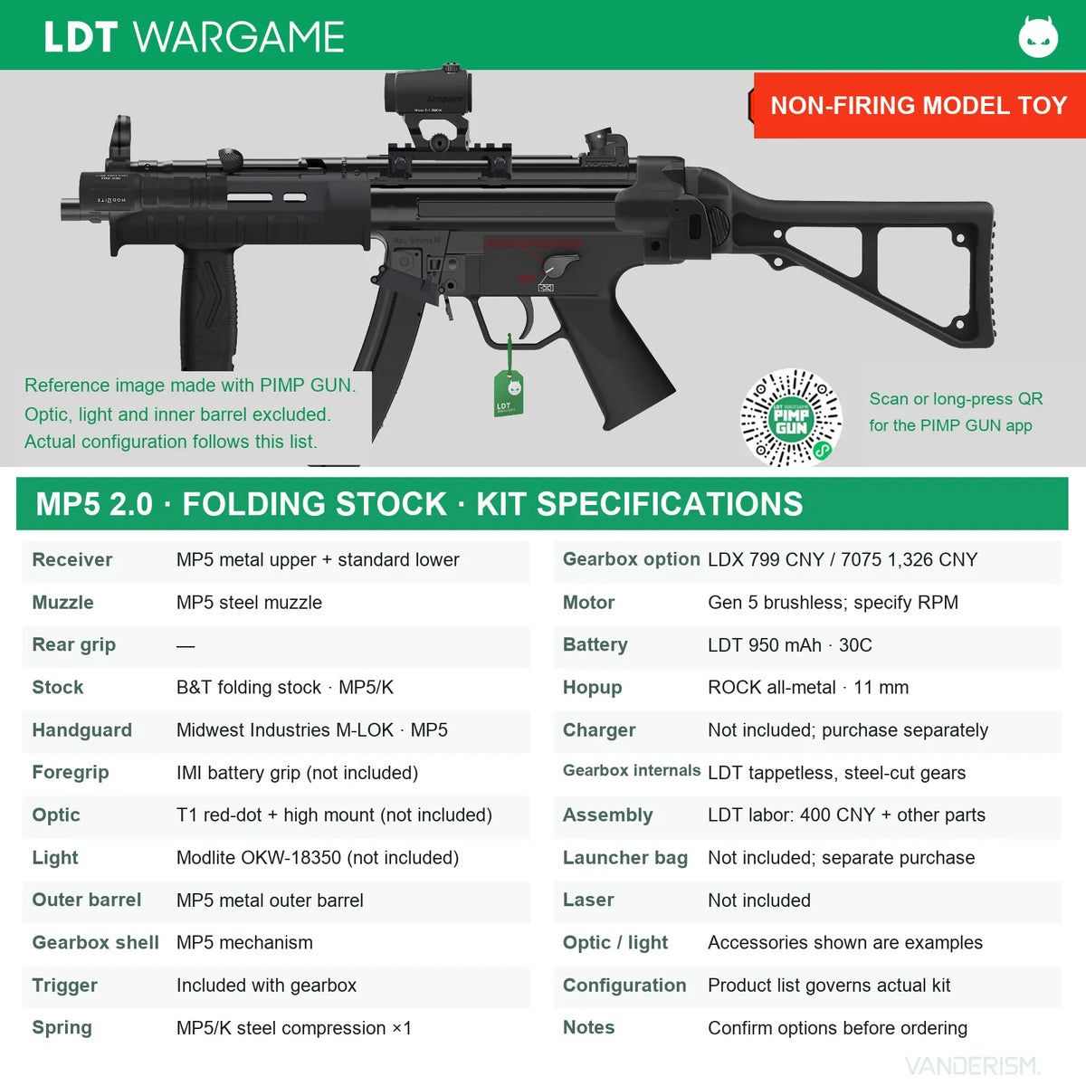 LDT MP5 2.0 Assembled Toy Model, Standard Nylon Lower, Metal Upper, Steel Small Parts, Gen 2 LDX Green Electronic-Control Gearbox (Pre-Order 50 Hari)