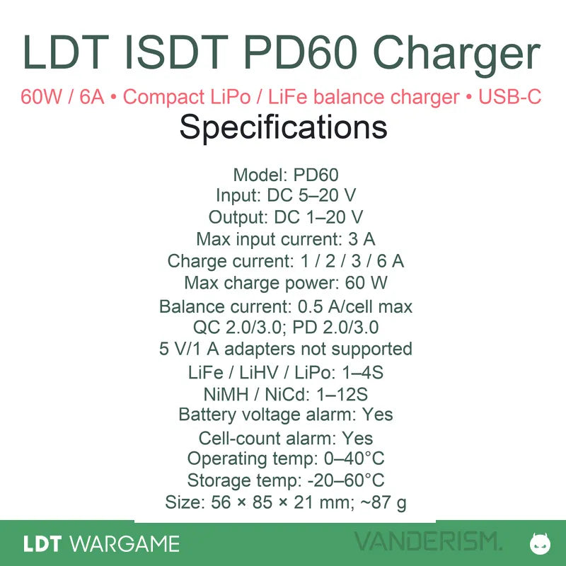 ISDT PD60 Compact USB Lithium/LiFe Balance Charger, 60W/6A (Pre-Order 50 Hari)